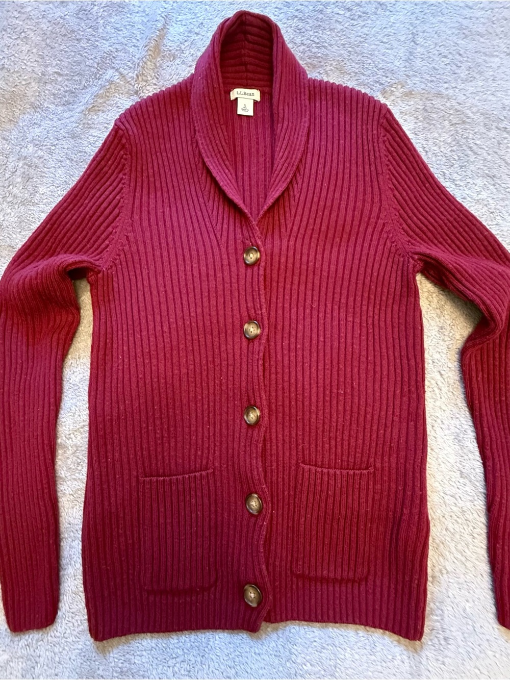 L.L.Bean Burgundy 100% Merino Wool Rib-Knit Cardigan Shawl Collar Pockets S